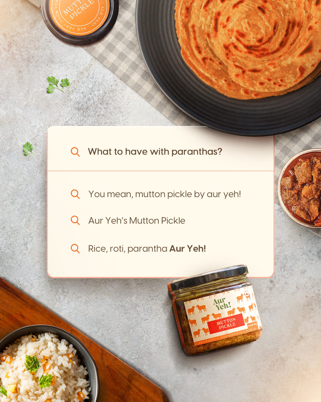 Parantha with mutton pickle on a gray surface, accompanied by text prompts.